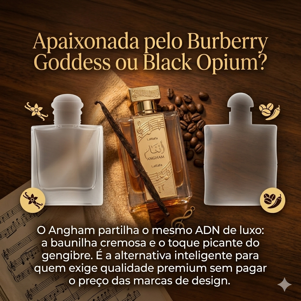 Frasco de perfume Angham Eau de Parfum Lattafa Original, embalagem elegante com detalhes dourados e roxo.