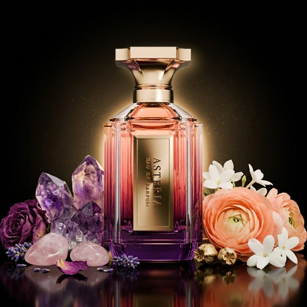 Frasco de perfume Asteria Eau de Parfum Velixir da Luxos do Oriente, com design elegante e detalhes sofisticados.