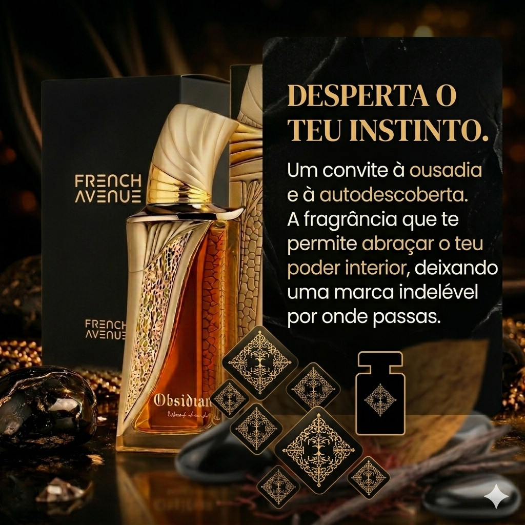 Frasco de perfume Obsidian Extrait de Parfum da Luxos do Oriente com design elegante e rótulo preto, ideal para fragrância sofisticada