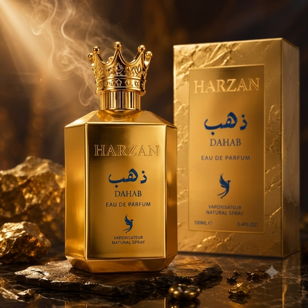 Perfume Harzan Dahab Eau de Parfum Volaré da Luxos do Oriente, frasco elegante com detalhes dourados e embalagem sofisticada.