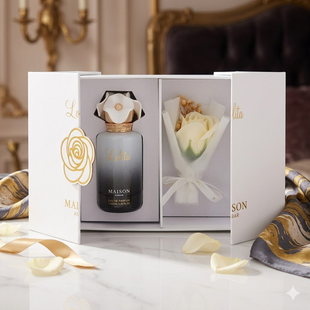 Perfume Lolita Eau de Parfum da Maison Asrar, frasco elegante e detalhes sofisticados, inspirado na fragrância oriental.