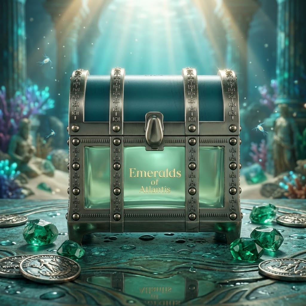 Frasco de perfume Risala Emeralds of Atlantis da Luxos do Oriente, com embalagem elegante e detalhes dourados.