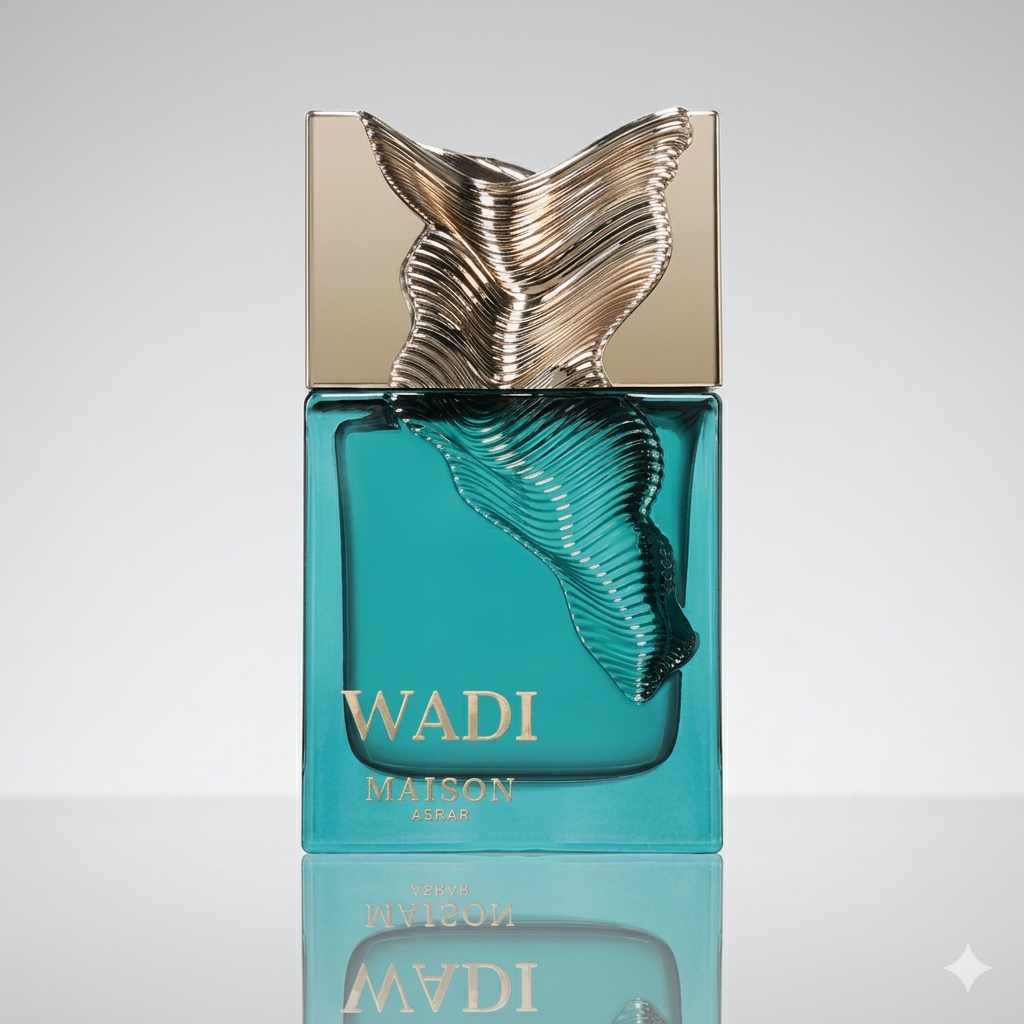 Frasco de Eau de Parfum Wadi da Maison Asrar, com design elegante e detalhes dourados, para fragrância oriental luxuosa.