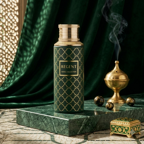 Frasco de perfume Regent Royal Collection Eau de Parfum da Maison Asrar, embalagem elegante e frasco de vidro transparente com detalhes dourados.