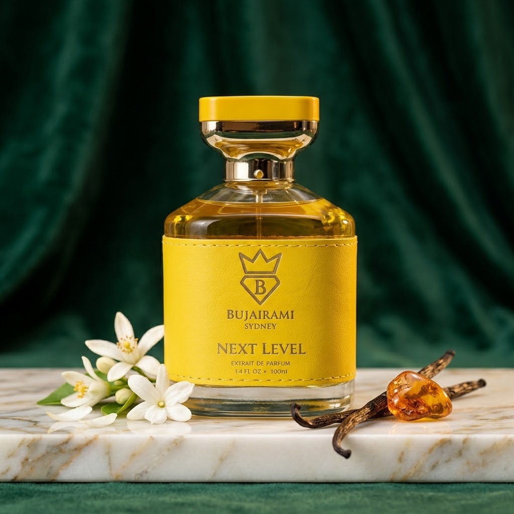 Frasco de perfume Extrait de Parfum Bujairami da Luxos do Oriente, com design elegante e detalhes dourados.