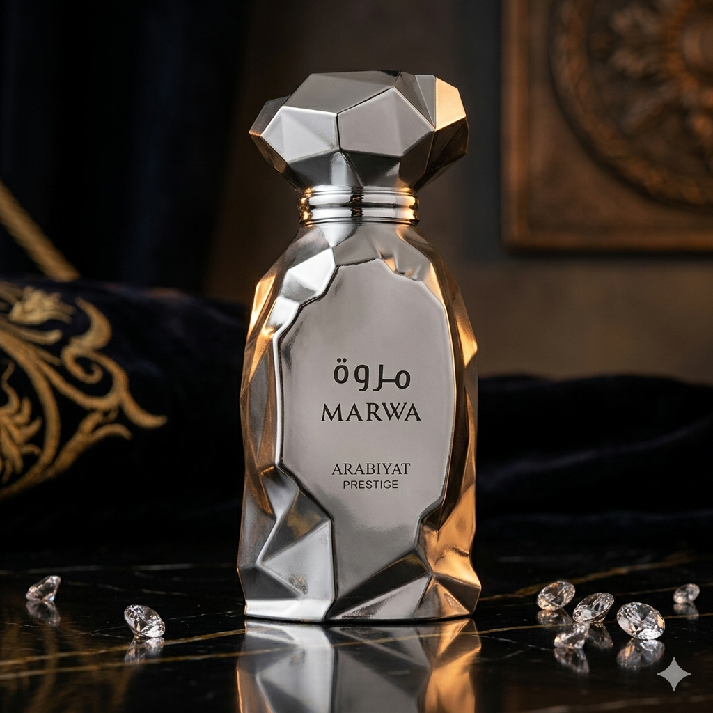 Frasco de Eau de Parfum Marwa Arabiyat Prestige Original, perfume luxuoso com design elegante e detalhes dourados.