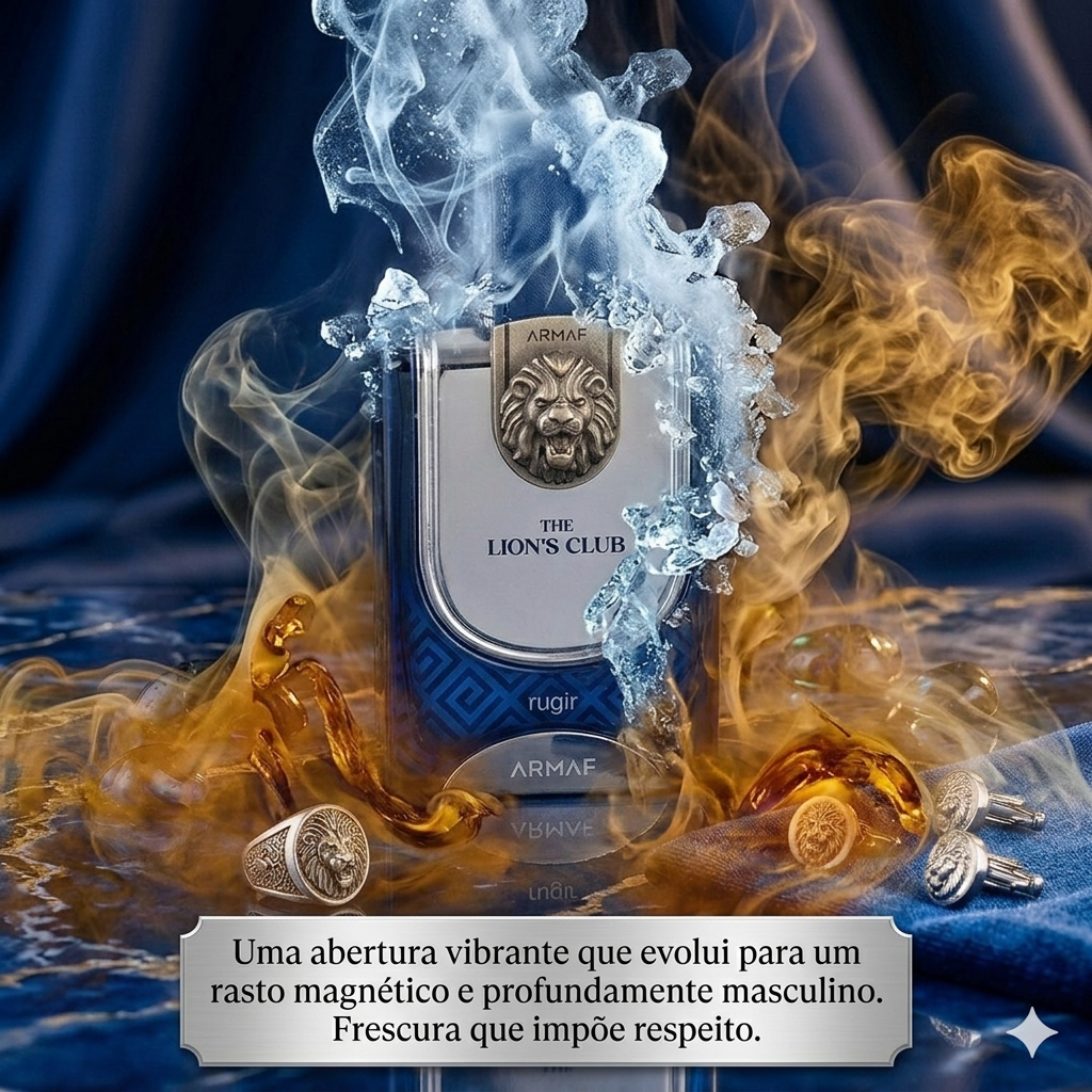 Frasco de Eau de Parfum The Lion's Club Rugir da Armaf, com design elegante e rótulo com detalhes dourados.