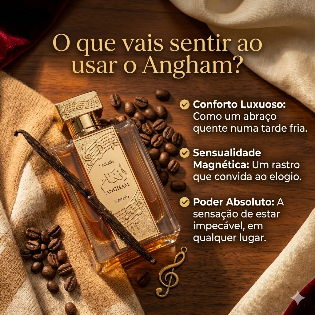 Perfume Angham Eau de Parfum Lattafa, frasco elegante de fragrância oriental, com detalhes dourados e tampa preta.