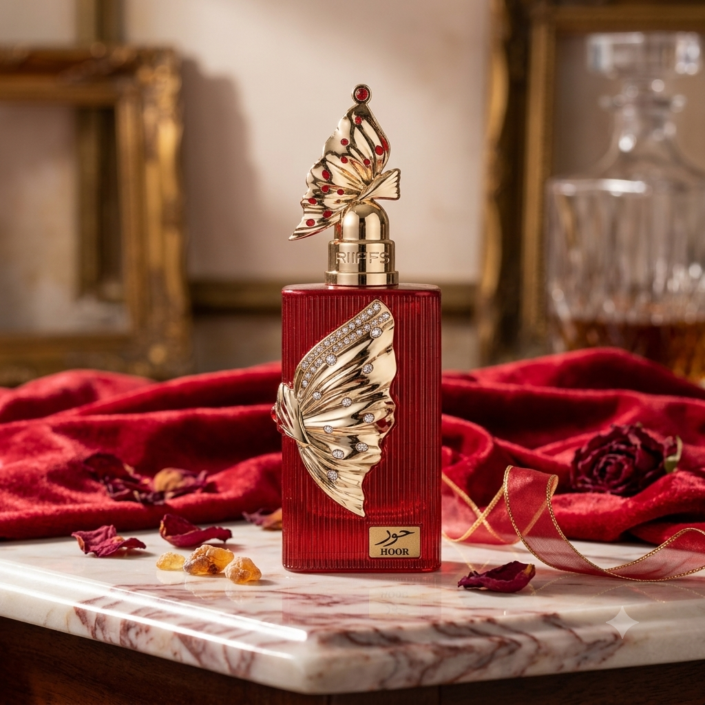 Frasco de perfume Hoor Extrait de Parfum da marca Luxos do Oriente, com design elegante e detalhes sofisticados.