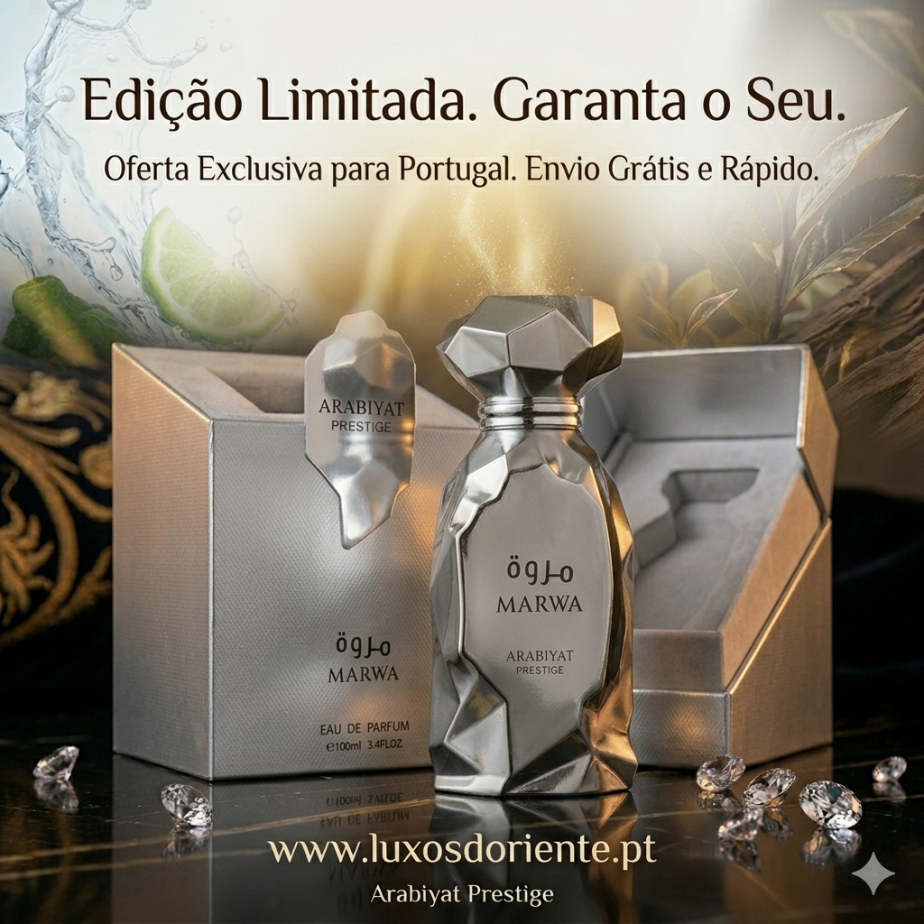 Frasco de Eau de Parfum Marwa Arabiyat Prestige Original, fragrância elegante com detalhes dourados e design sofisticado.