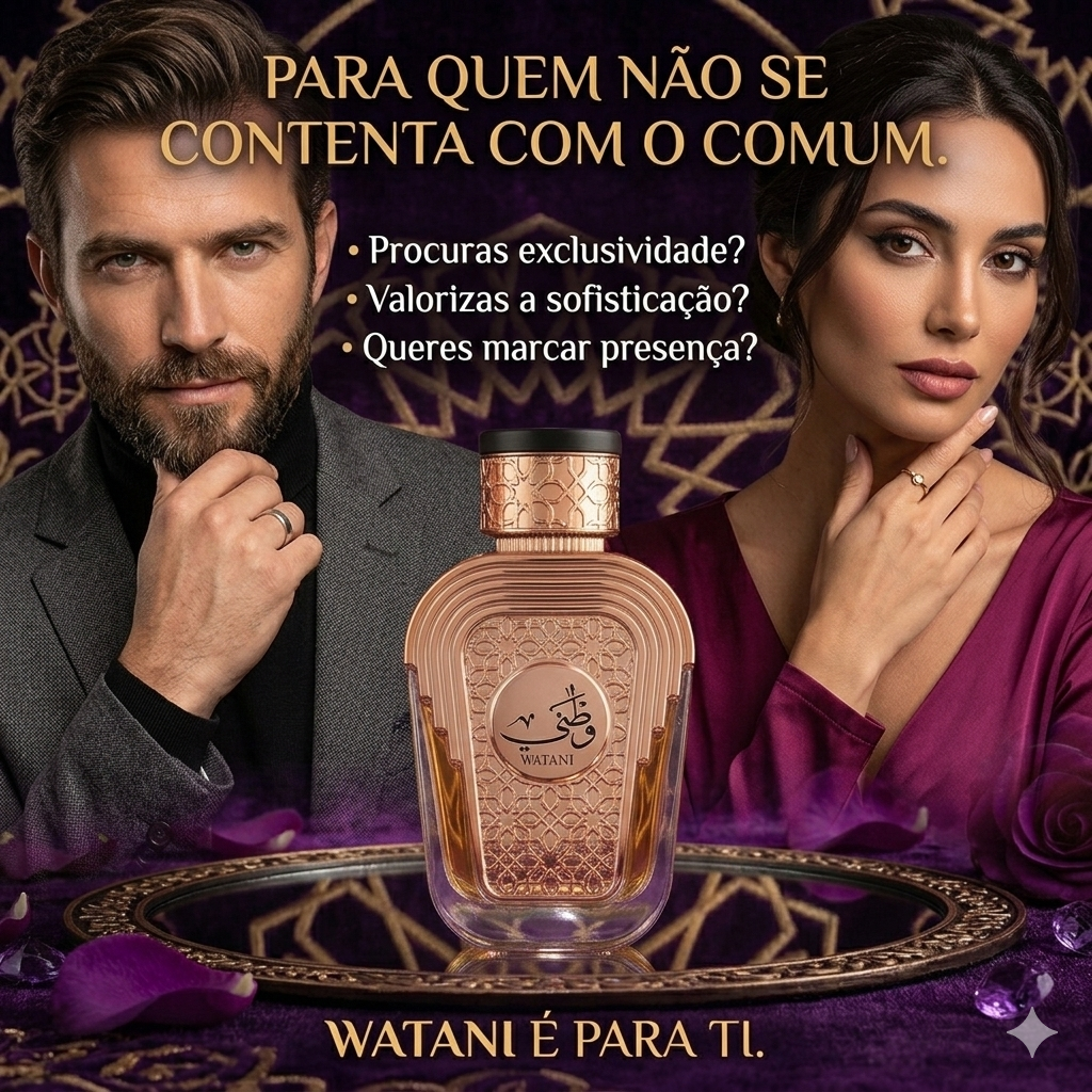 Frasco de Eau de Parfum Watani Al Wataniah da Luxos do Oriente, com design elegante e rótulo detalhado.