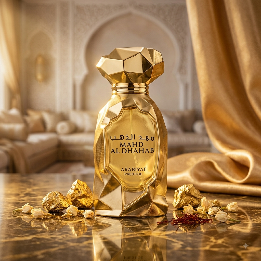 Frasco de perfume Mahd Al Dhahab Arabiyat Prestige, Eau de Parfums de Luxos do Oriente, com detalhes dourados e design elegante