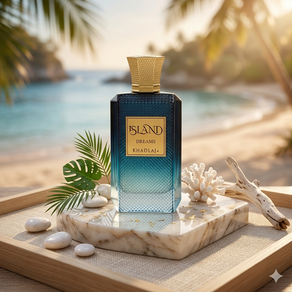Frasco de perfume Island Dreams Extrait de Parfum da Khadlaj, com design elegante e detalhes dourados.