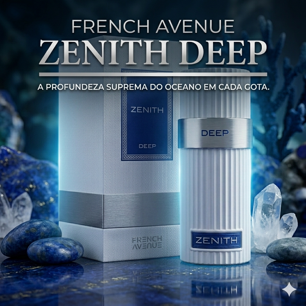 Frasco de perfume Zenith Deep Eau de Parfum da Luxos do Oriente, com design elegante e detalhes dourados.