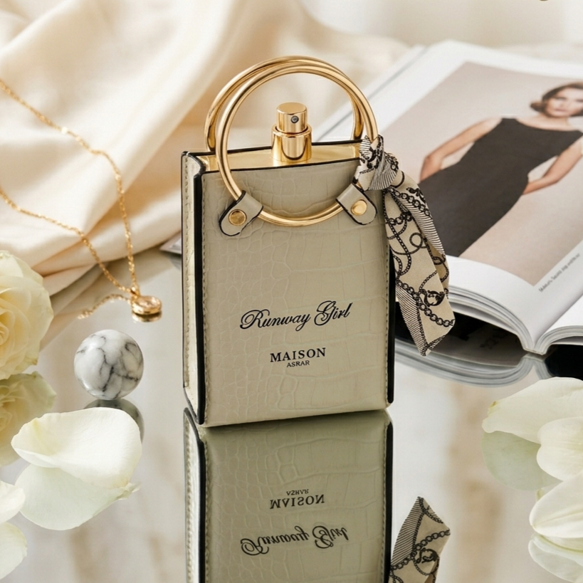 Frasco de Eau de Parfum Runway Girl da Maison Asrar, embalagem original, com detalhes elegantes e design sofisticado.