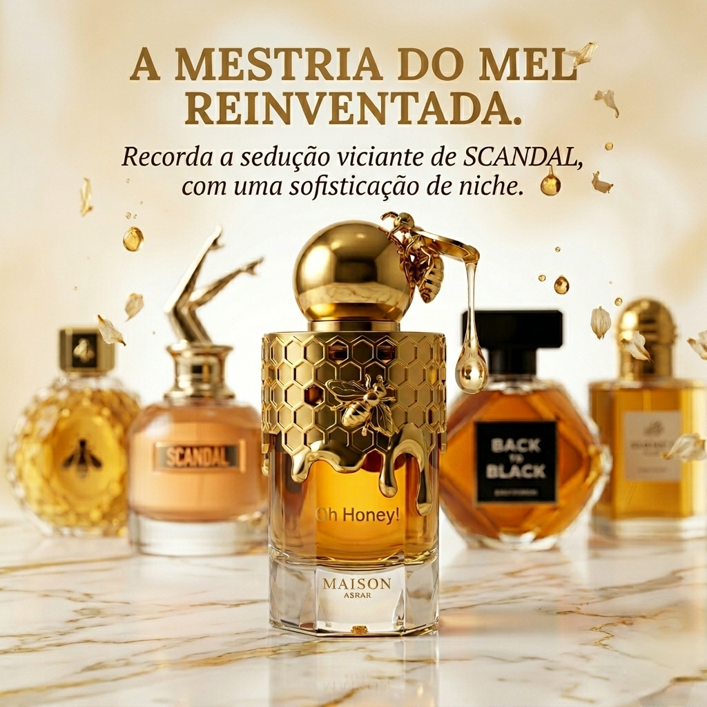 Perfume Oh Honey! Eau de Parfum da Maison Asrar, frasco elegante, com detalhes dourados e rótulo branco, para mulher.