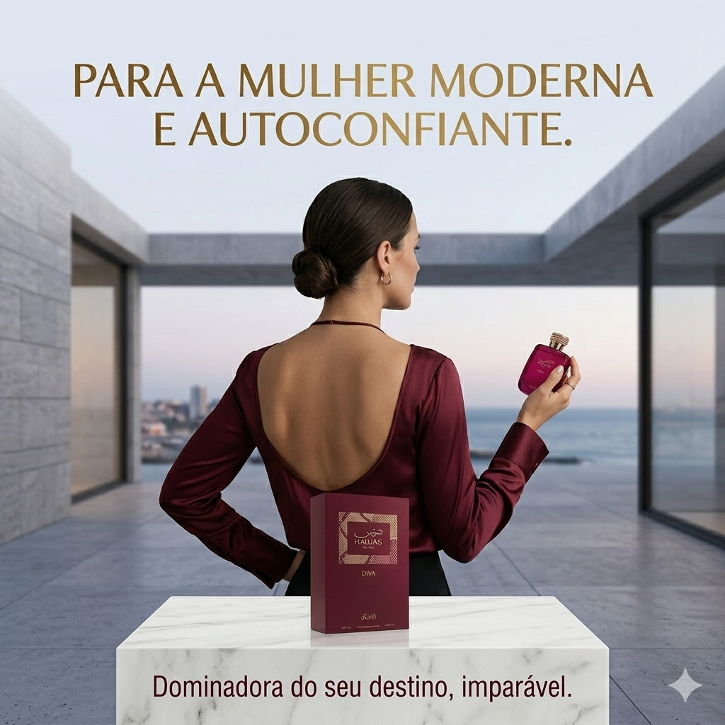 Frasco de perfume Hawas Diva da Rasasi, Eau de Parfum, com design elegante e detalhes dourados, sobre fundo neutro.