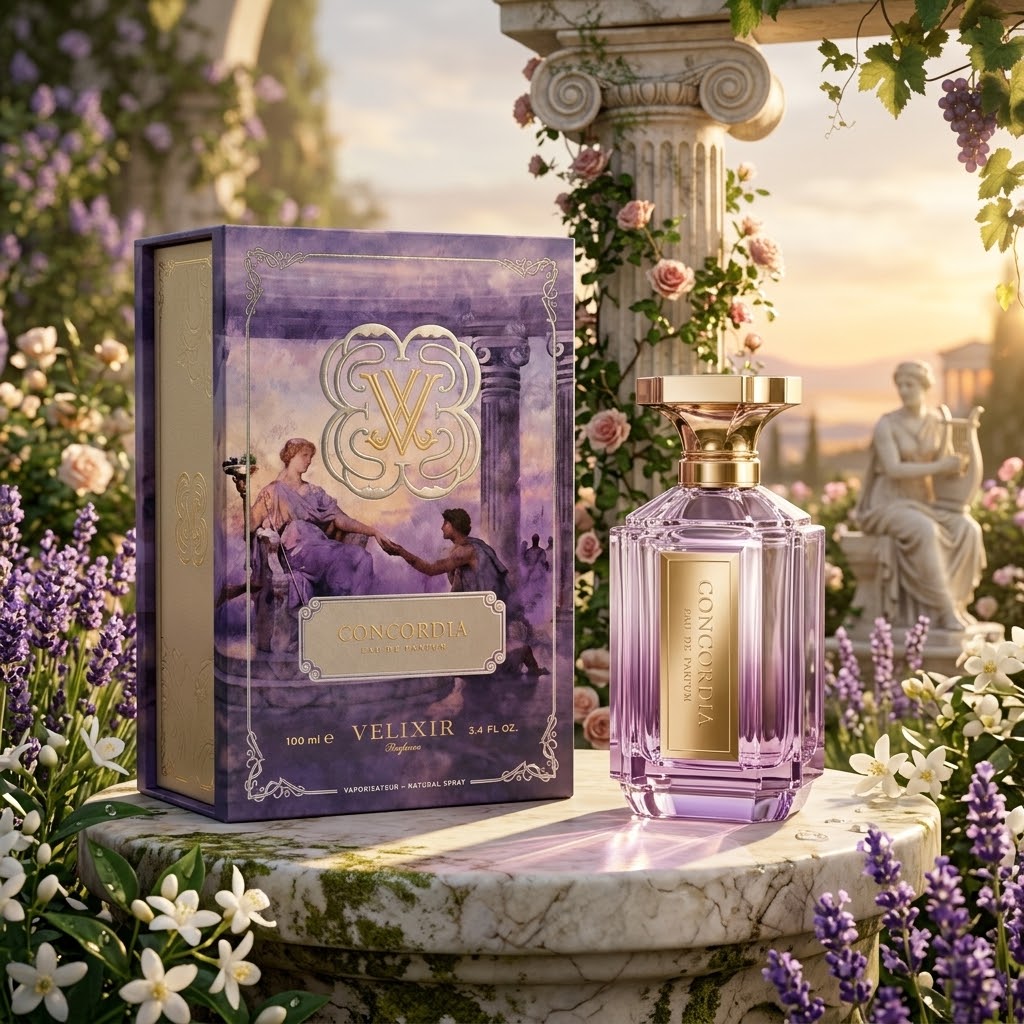 Perfume Concordia Velixir da Luxos do Oriente, frasco de Eau de Parfum com design elegante e detalhes dourados.