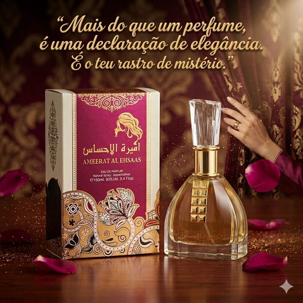 Frasco de perfume Ameerat Al Ehsaas Eau de Parfum da Ard Al Zaafran, com embalagem original, detalhes do perfume e design elegante