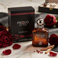 Frasco de perfume Eau de Parfum Proud Of You da Fragrance World, embalagem elegante, destaque para a fragrância luxuosa.