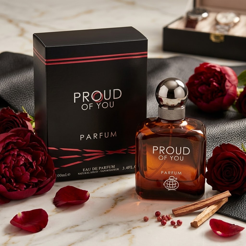 Frasco de perfume Eau de Parfum Proud Of You da Fragrance World, embalagem elegante, destaque para a fragrância luxuosa.