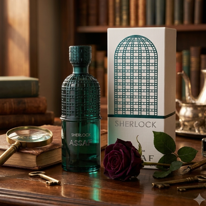 Perfume Sherlock Assaf - Eau de Parfum, frasco elegante com detalhes dourados, inspirado na fragrância sofisticada e marcante.