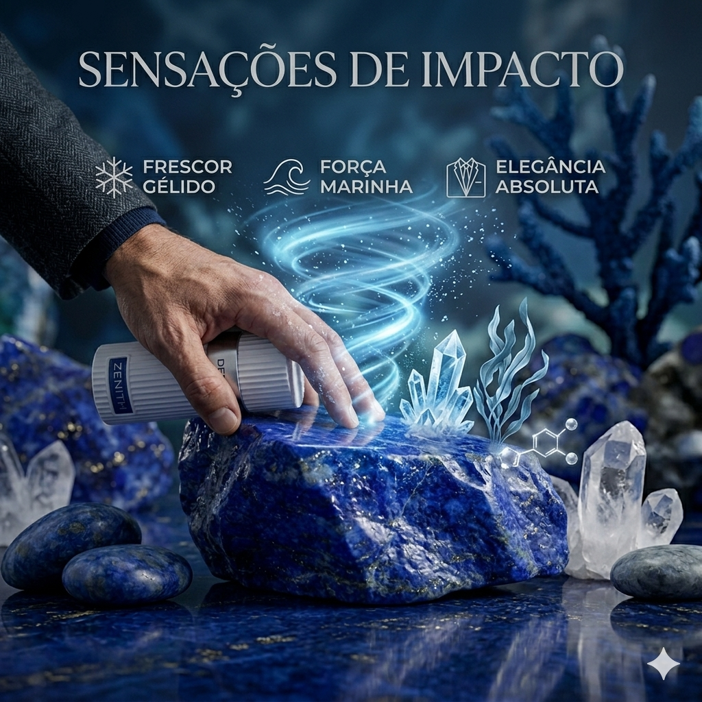 Frasco de perfume Zenith Deep Eau de Parfum da Luxos do Oriente, com design elegante e detalhes dourados.