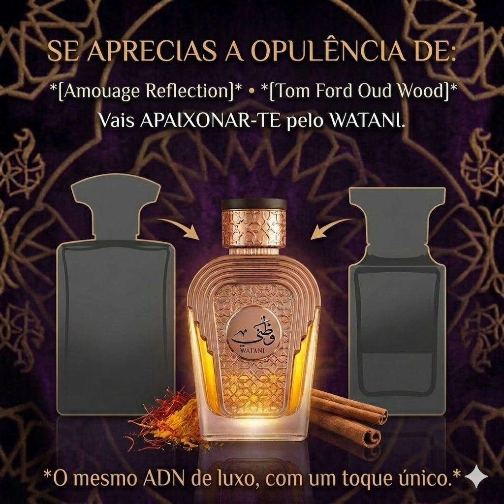 Frasco de Eau de Parfum Watani Al Wataniah da Luxos do Oriente, com design elegante e rótulo transparente.