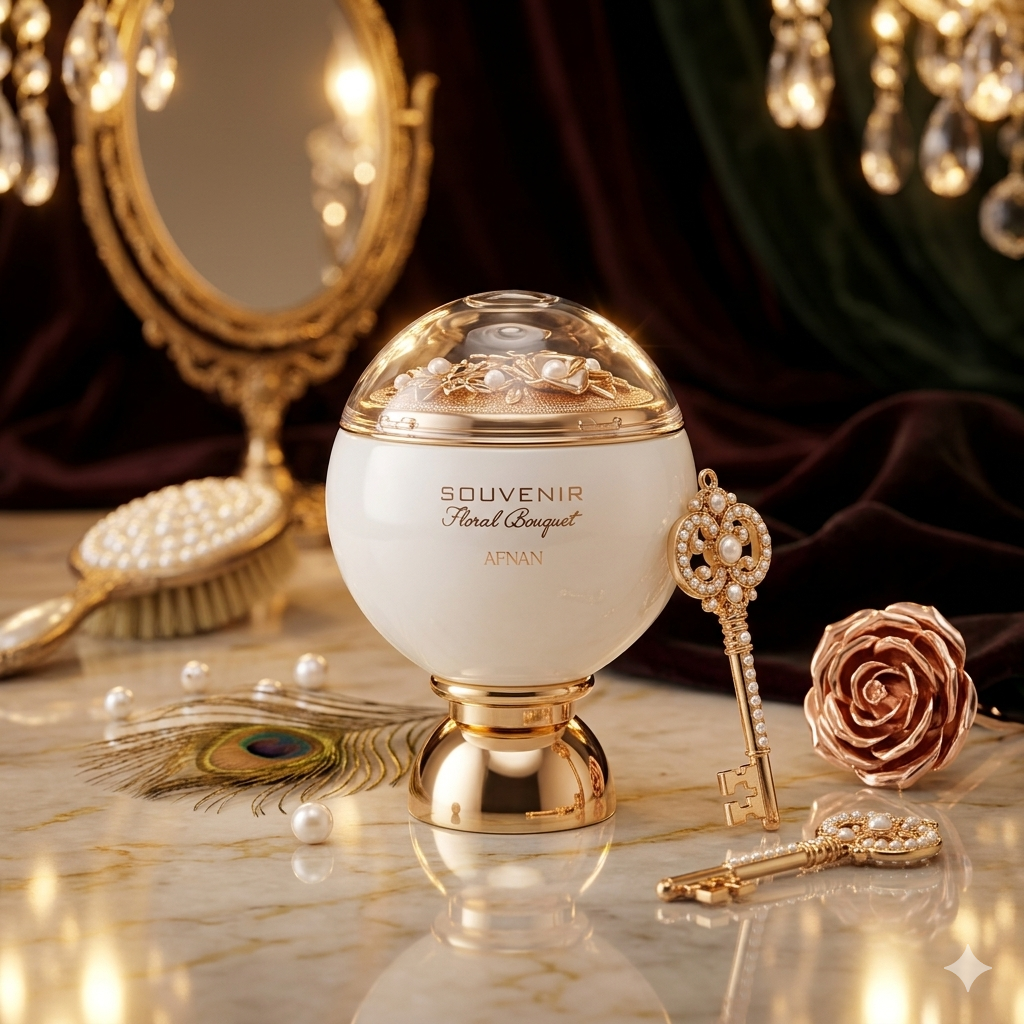 Bouquet floral de lembrança Eau de Parfum Afnan Original, frasco elegante com design de flores aromáticas.