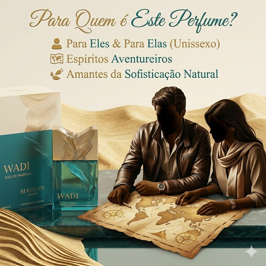 Frasco de Eau de Parfum Wadi da Maison Asrar, embalagem elegante com detalhes dourados, símbolo de luxo e tradição oriental.