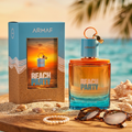 Perfume Eau de Parfum Beach Party da Armaf, frasco elegante com detalhes azuis e dourados, ideal para ocasiões descontraídas.