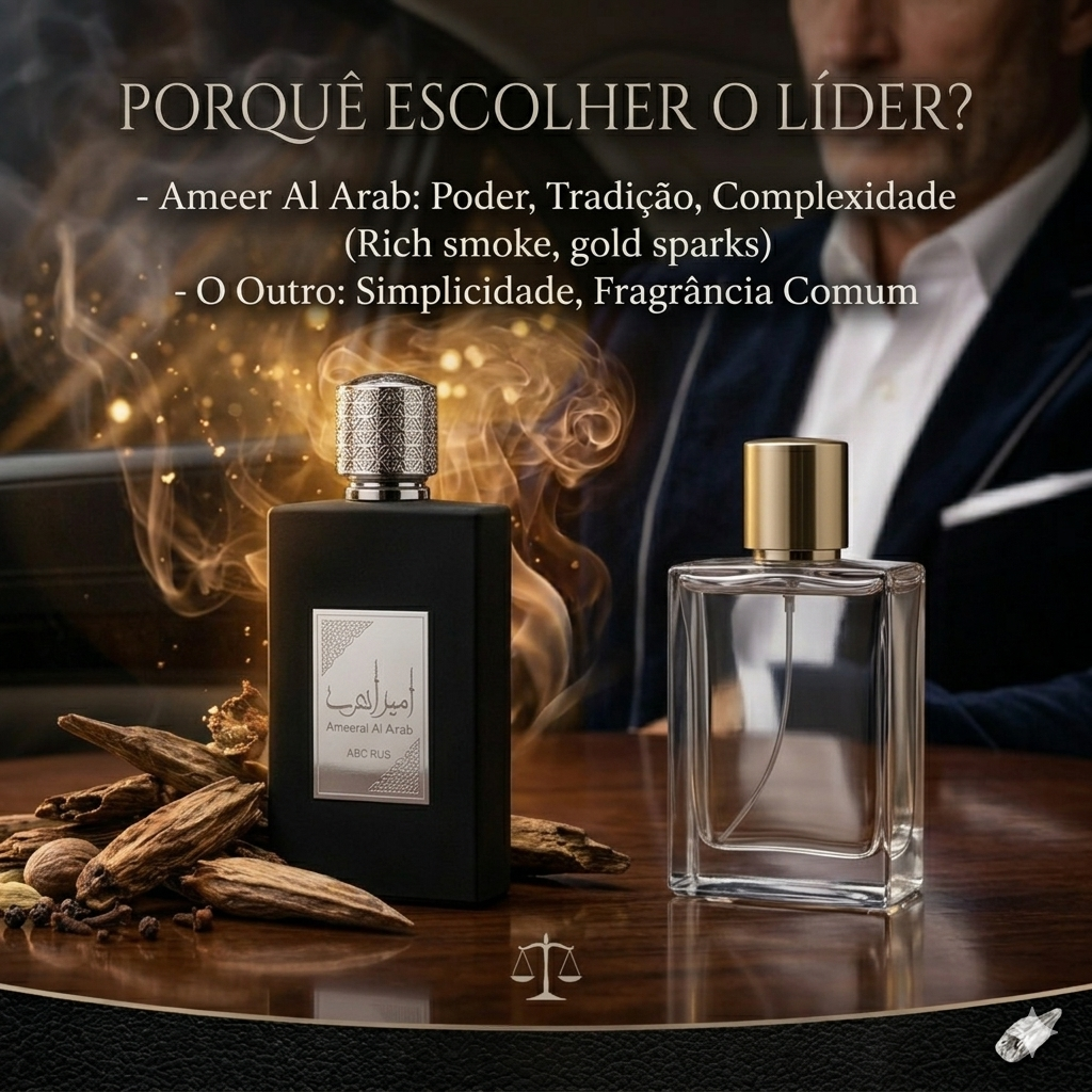 Perfume Oud de Ouro Ameer Al Arab da Lattafa, frasco elegante de perfume com fragrância oriental rica e aromática.