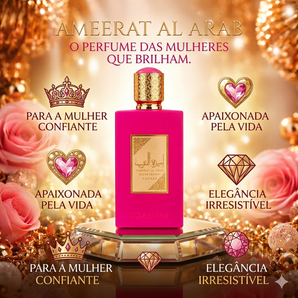 Coroa de açúcar Ameerat Al Arab por Lattafa, fragrância Oud de Ouro, com detalhes dourados e acabamento elegante.