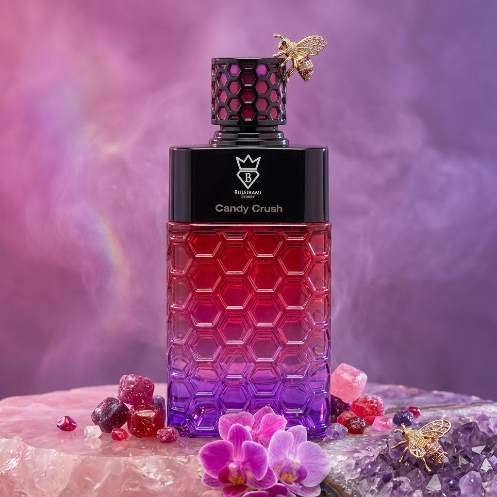 Perfume Candy Crush Eau de Parfum Bujairami da Luxos do Oriente, frasco elegante com detalhes delicados.
