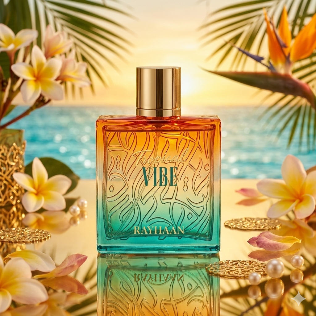 Rayhaan Tropical Vibe Eau de Parfum bottle from Luxos do Oriente, featuring a vibrant design and tropical-themed packaging.
