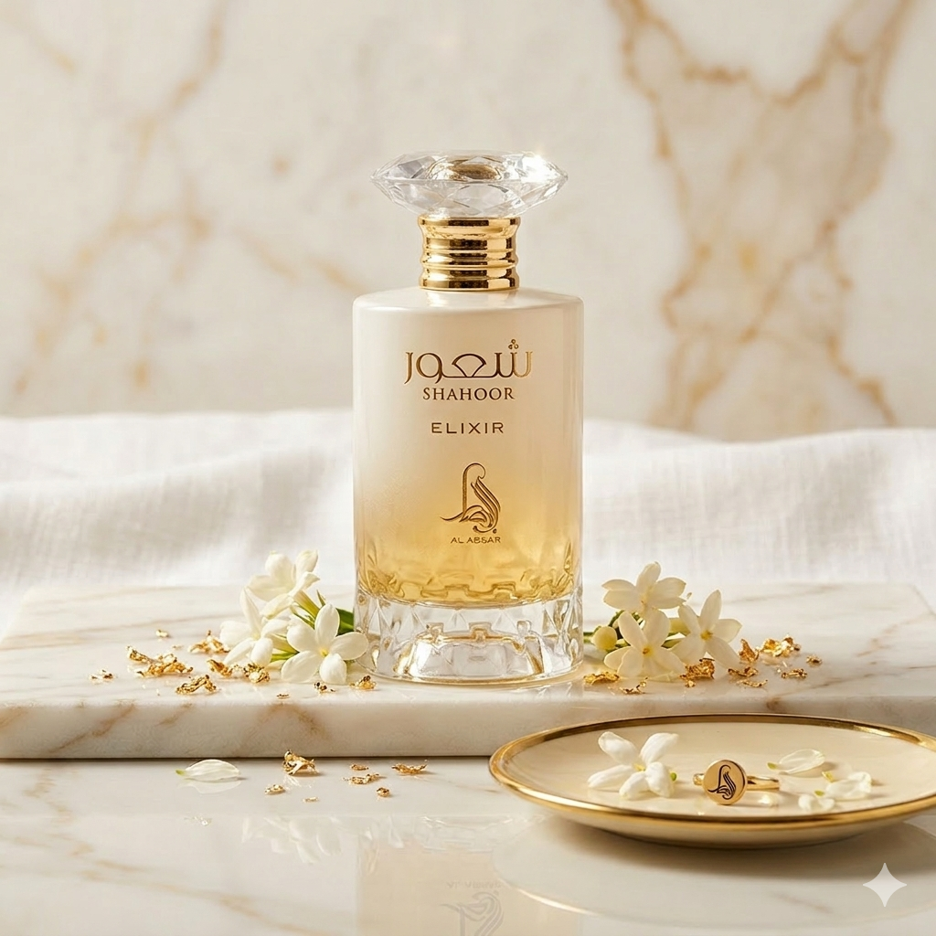 Frasco de Shahoor Elixir Eau de Parfum da Fragrance World Original, perfume Luxos do Oriente, com design elegante e embalagem sofisticada.