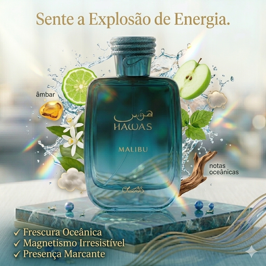 Frasco de Eau de Parfum Hawas Malibu da Rasasi, com design elegante e detalhes que refletem a fragrância luxuosa.