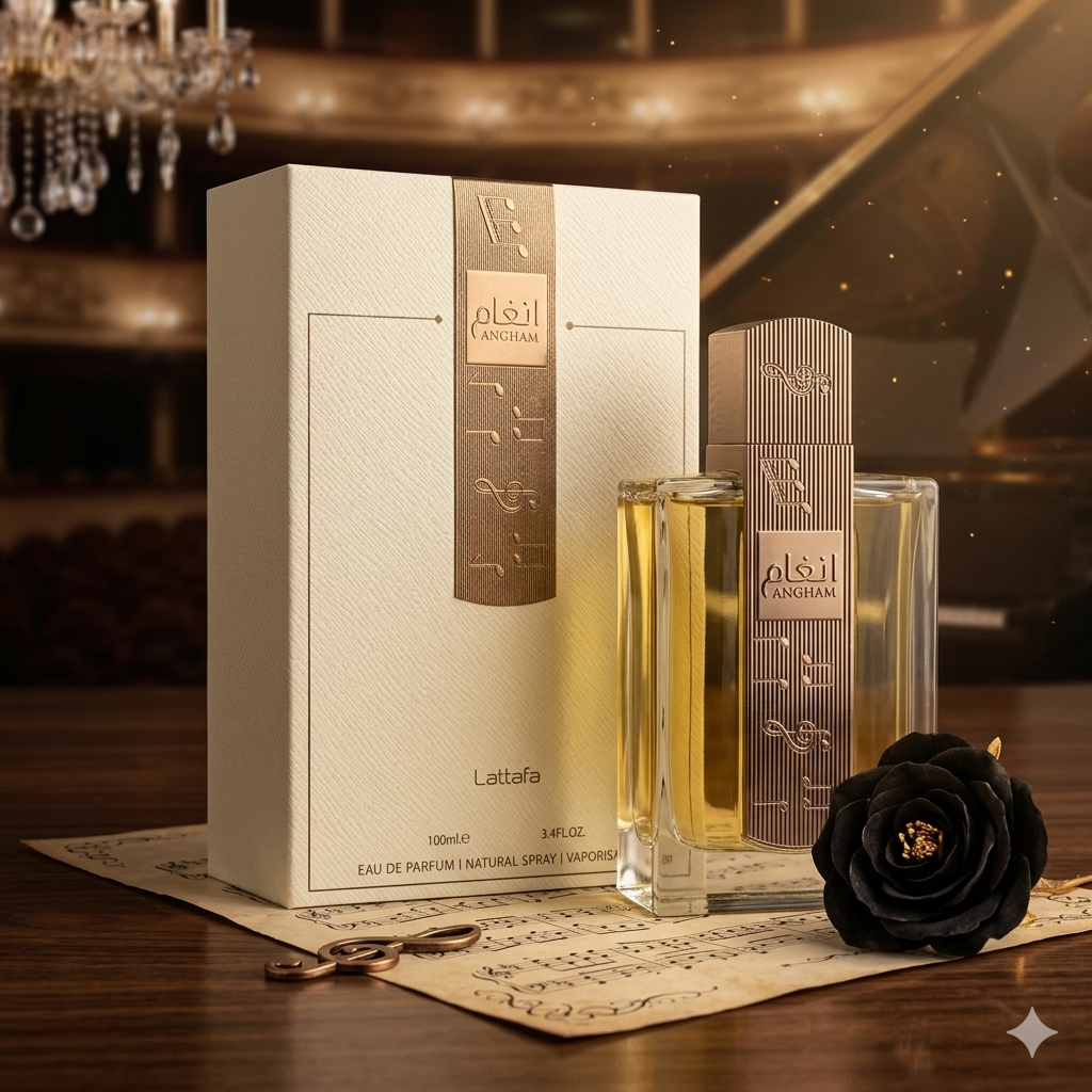 Frasco de perfume Eau de Parfum Angham da Lattafa, embalagem original Luxos do Oriente, com detalhes elegantes e design sofisticado