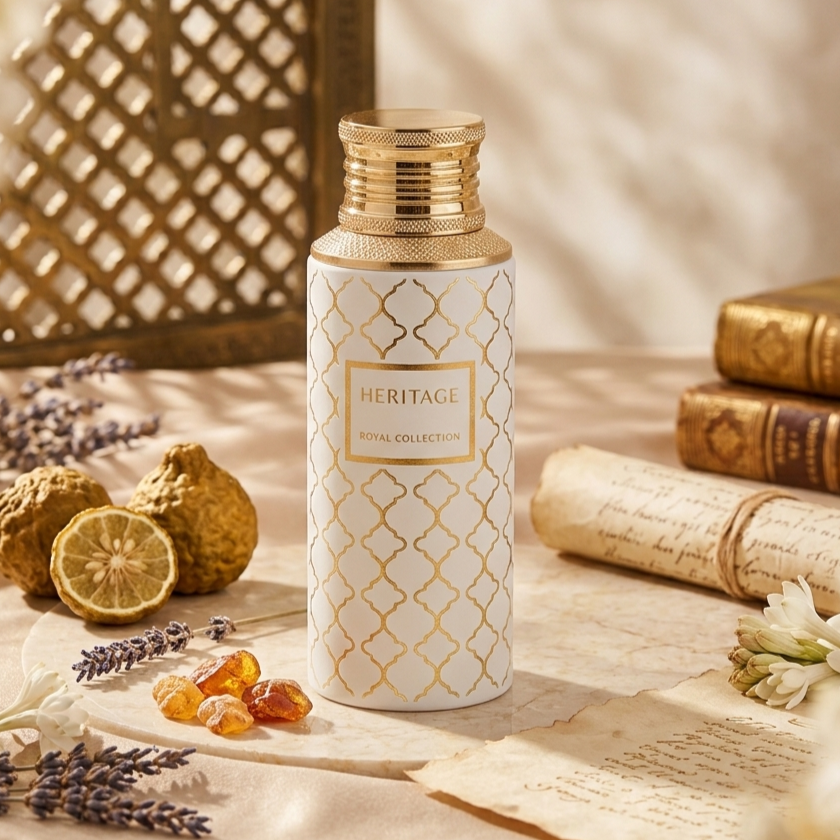 Perfume Eau de Parfum Heritage da Maison Asrar, frasco elegante com detalhes dourados, destaque para o design sofisticado.