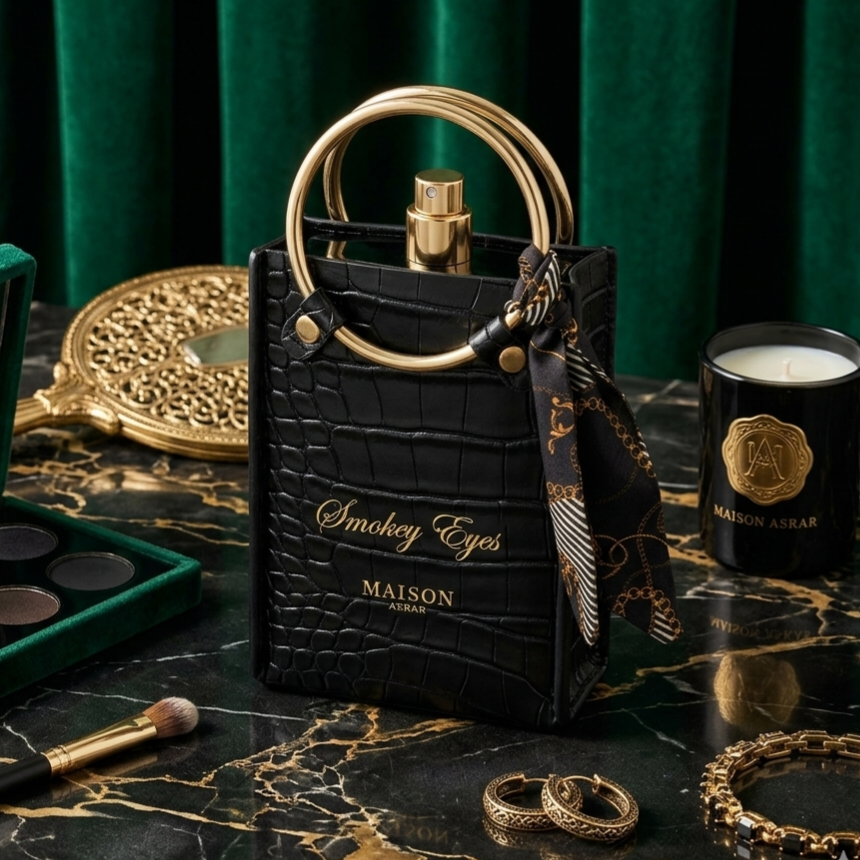 Perfume Eau de Parfum Smokey Eyes da Maison Asrar, embalagem com frasco elegante e detalhes escuros, fragrância envolvente e sofisticada.