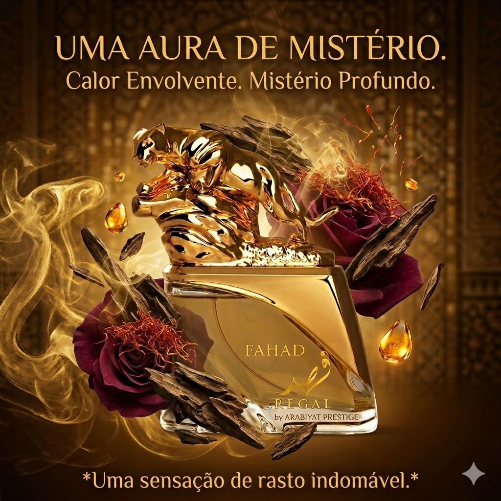 Frasco de Eau de Parfum Fahad Regal Arabiyat Prestige da Luxos do Oriente, com design elegante e rótulo distintivo.