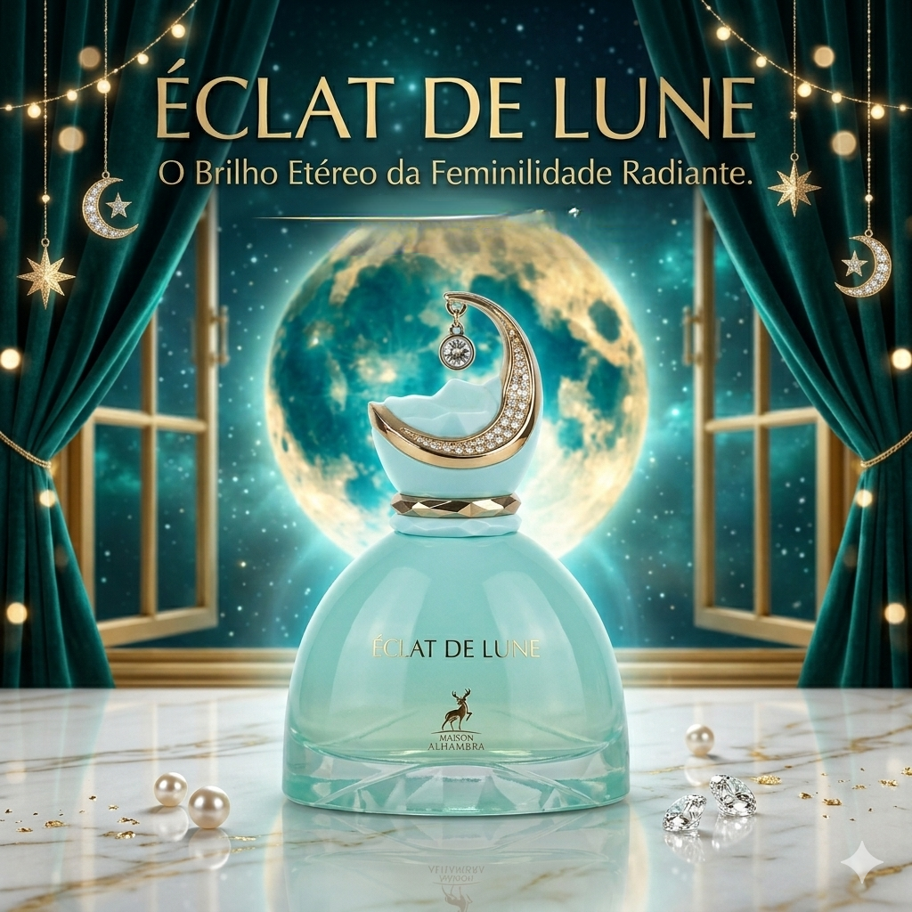 Frasco de Eau de Parfum Éclat de Lune da Maison Alhambra, elegantes detalhes dourados e design sofisticado.