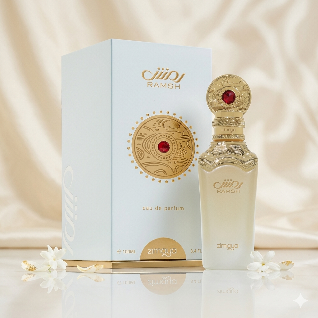 Frasco de Eau de Parfum Ramsh Diva Zimaya Original da Luxos do Oriente, com design elegante e detalhes dourados.