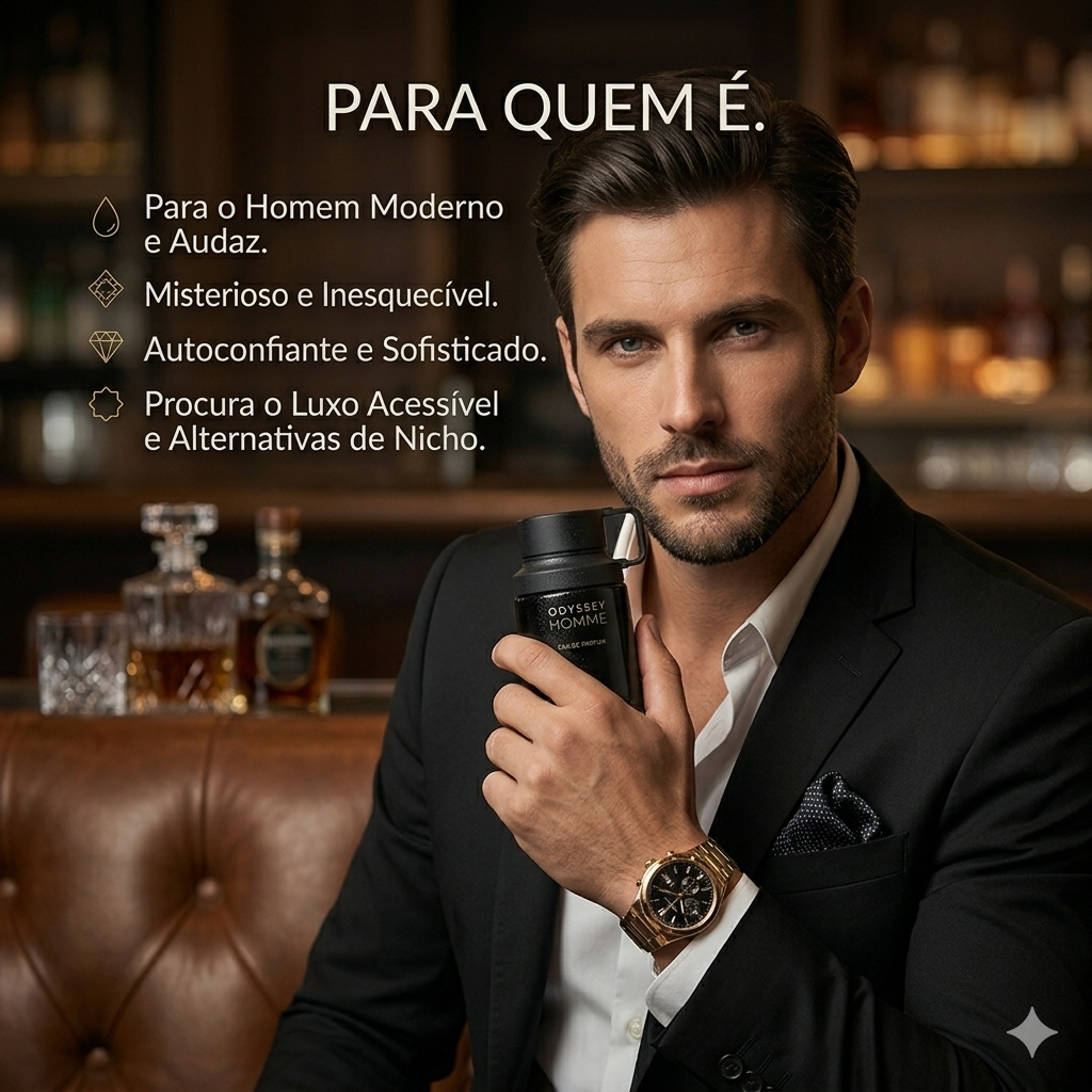 Odyssey Homme Eau de Parfum da Armaf, frasco de vidro com design elegante, representando a fragrância masculina luxuosa.