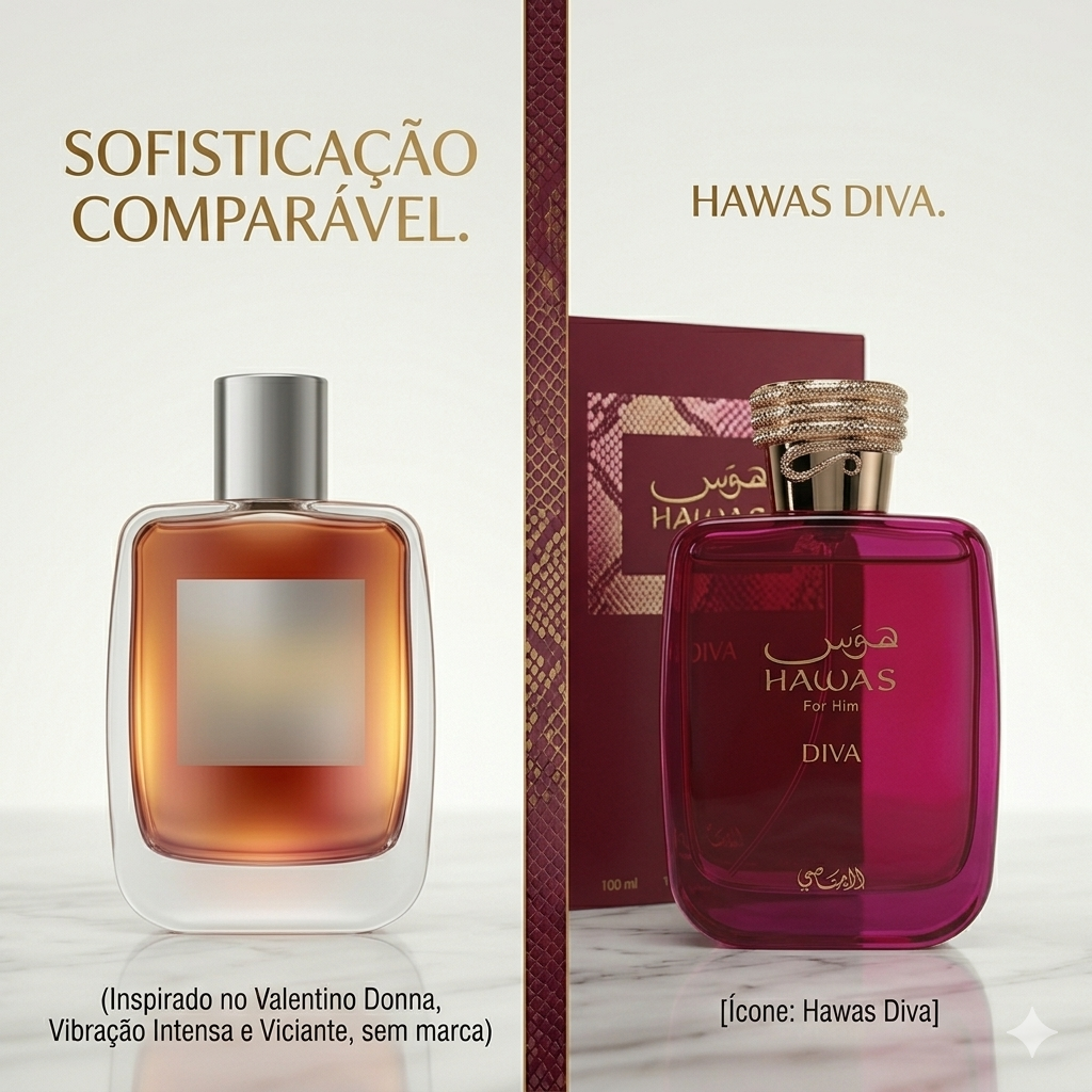 Frasco de perfume Hawas Diva da Rasasi, Eau de Parfum, com frasco elegante e detalhes dourados, para mulheres sofisticadas.