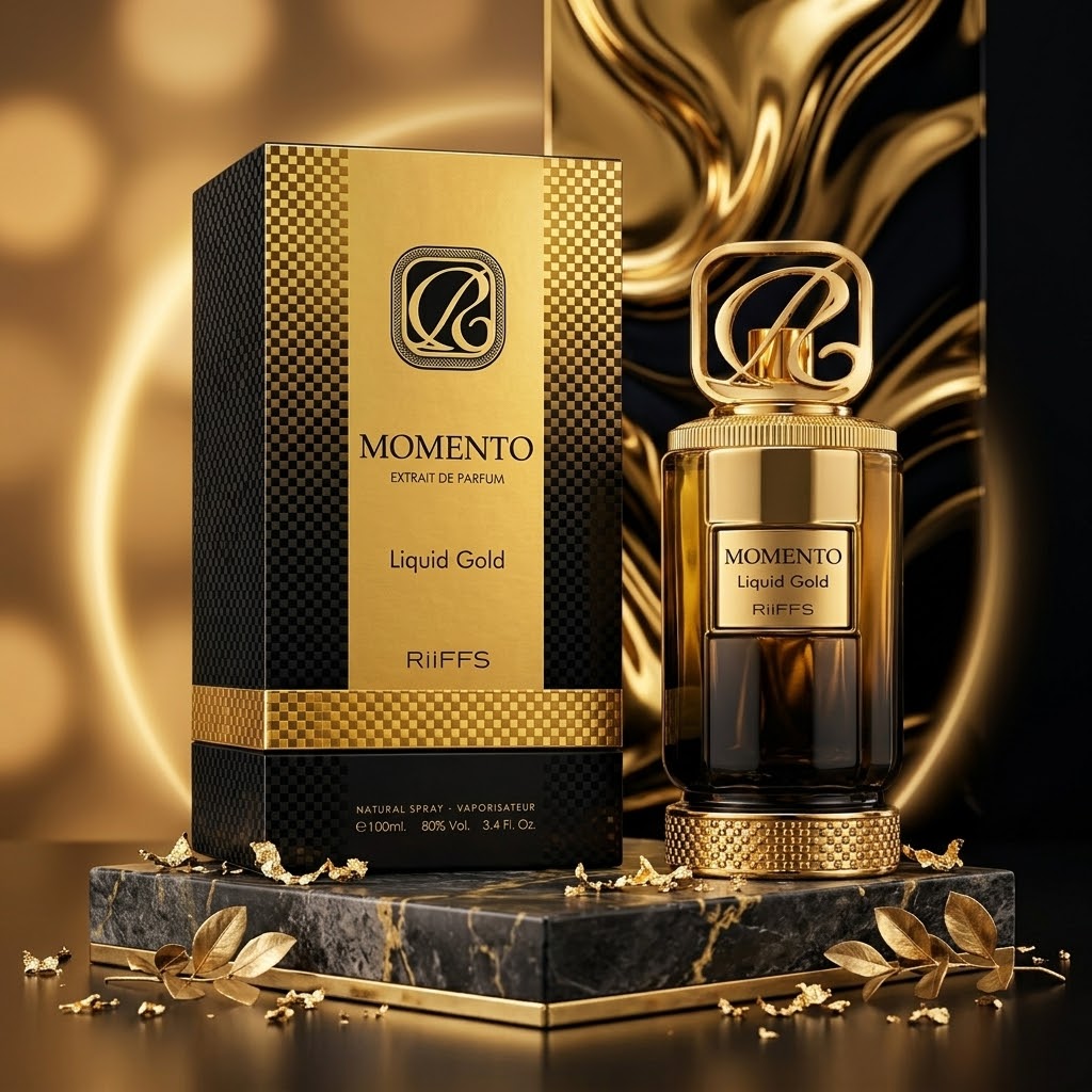 Frasco de perfume Momento Liquid Gold - Extrait de Parfum da Riiffs, com embalagem elegante e design sofisticado.