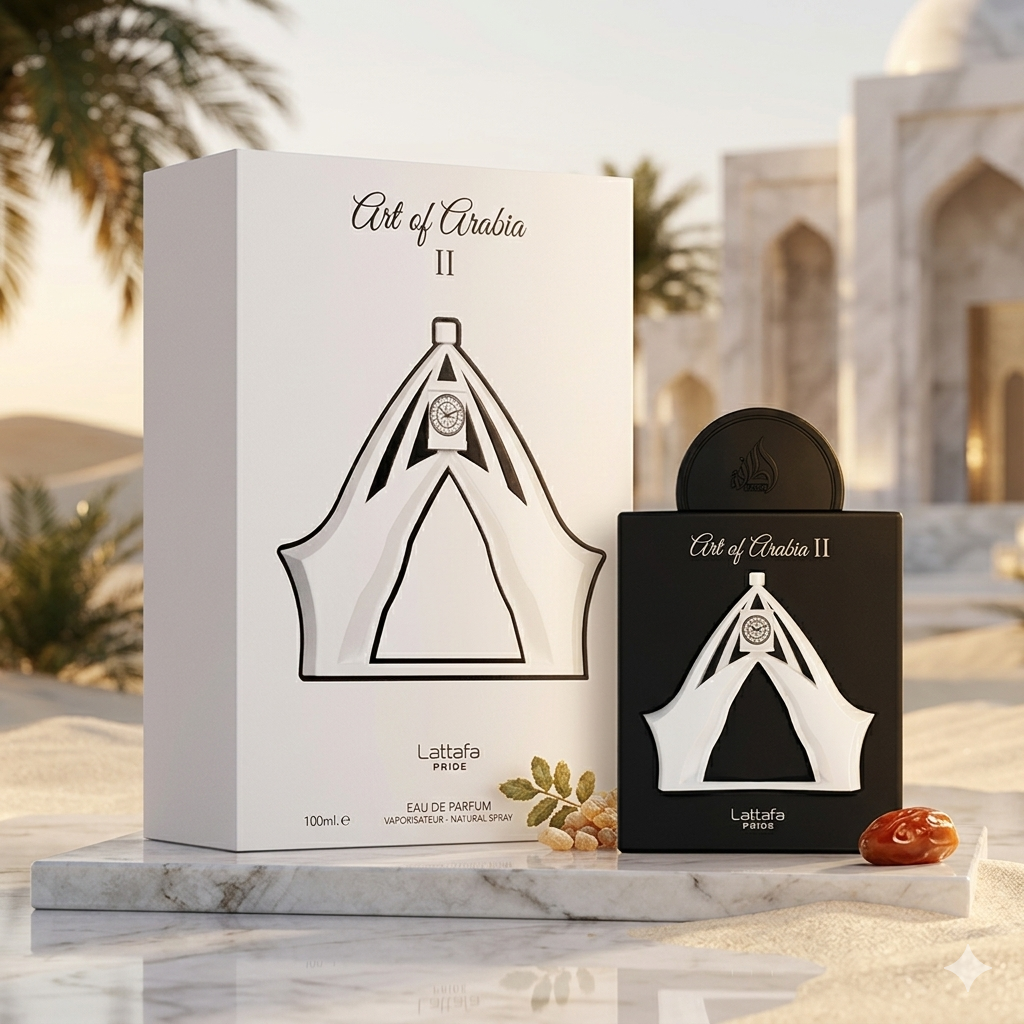 Frasco de perfume Art of Arabia II - Eau de Parfum da Lataffa Pride Original, com embalagem elegante e detalhes dourados.