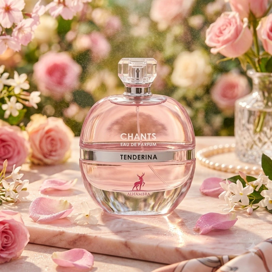 Frasco de Eau de Parfum Chants Tenderina da Maison Alhambra, com design elegante e detalhes dourados.