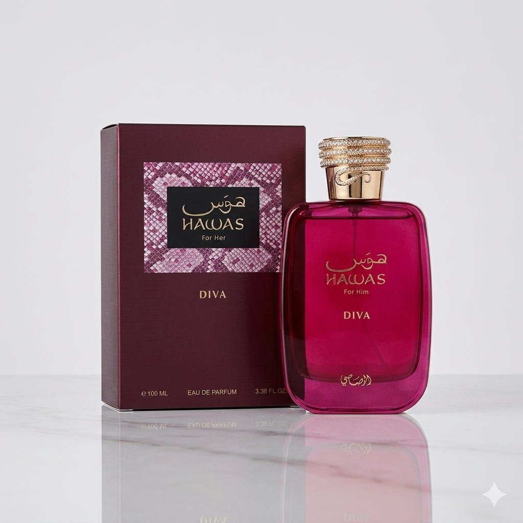 Frasco de perfume Hawas Diva Eau de Parfum da Rasasi, com design elegante e detalhes dourados, sobre fundo neutro.