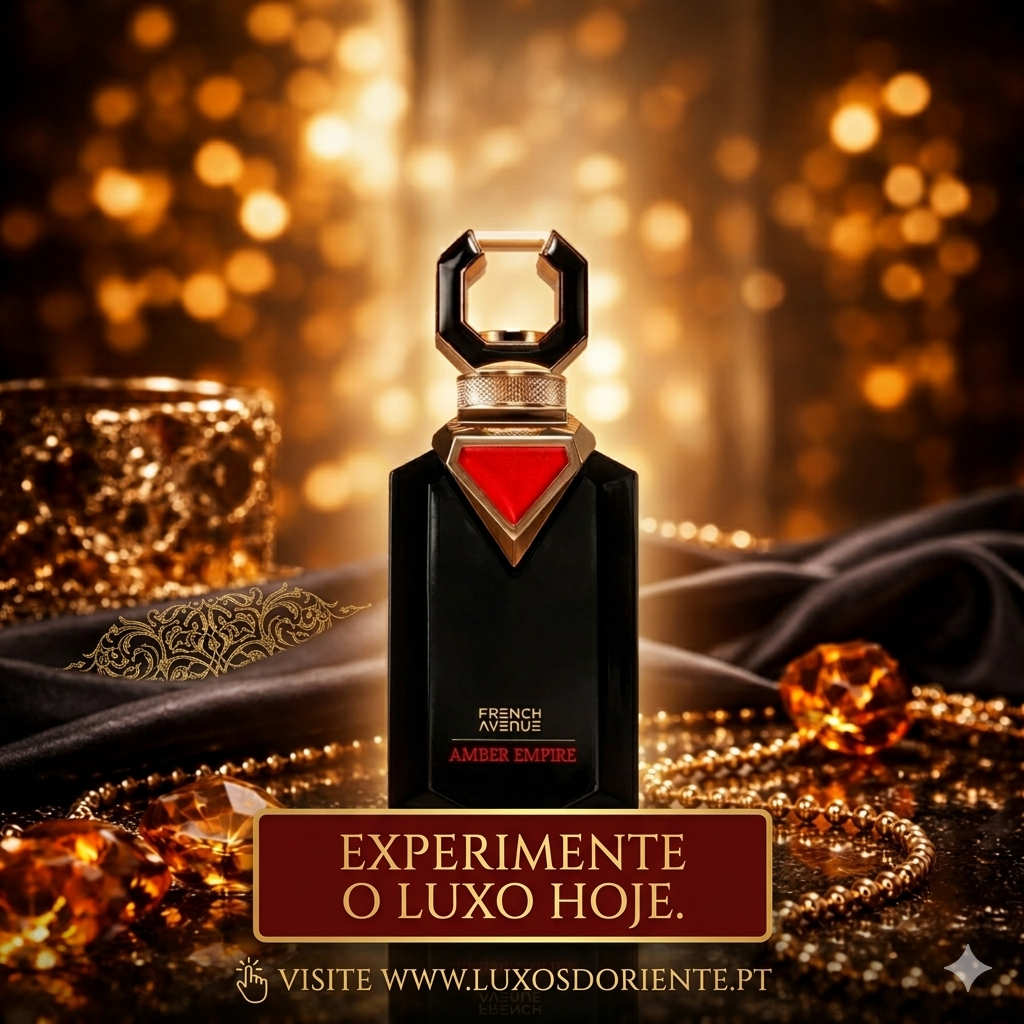 Frasco de perfume Amber Empire da Oud de Ouro, com design elegante e detalhes dourados, para uma fragrância sofisticada e envolvente.